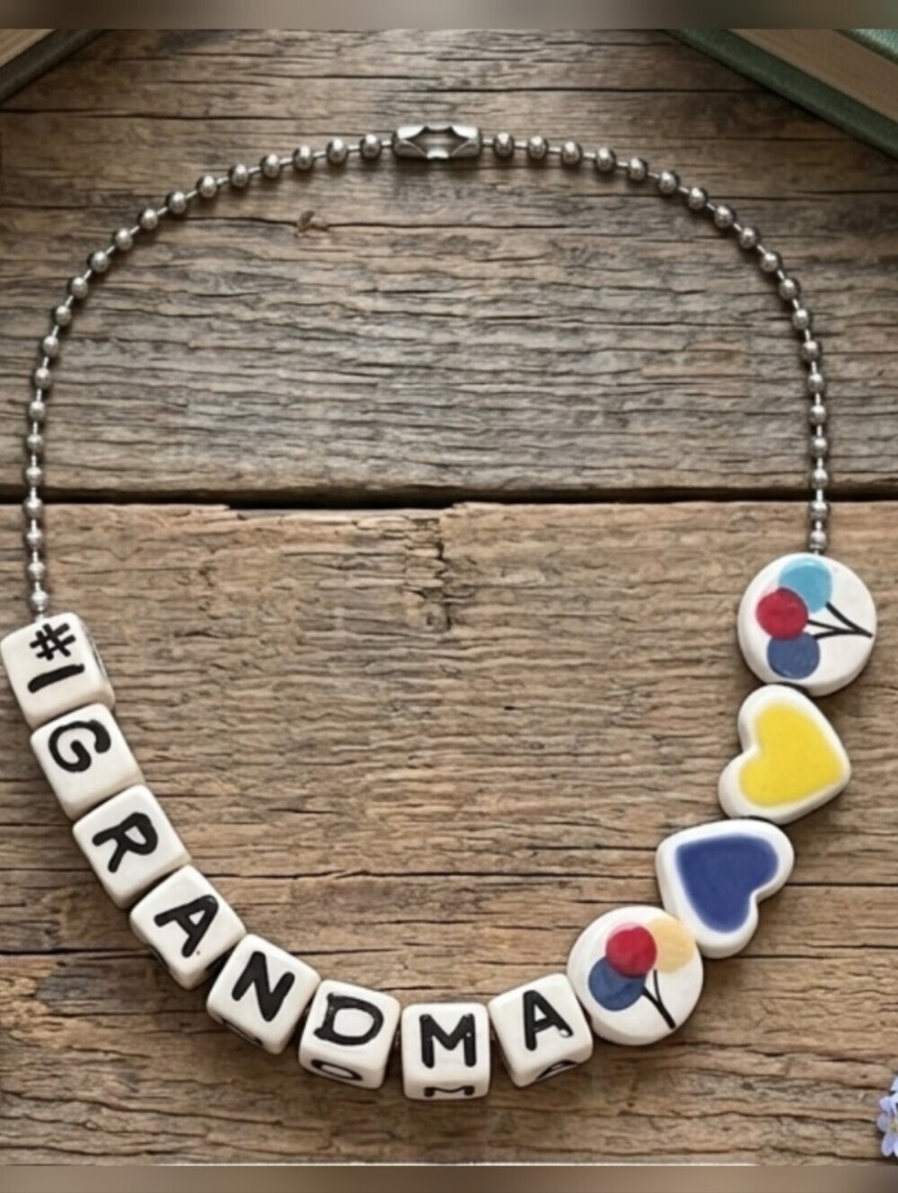 #1 Grandma White Square Bead Necklace on Ball Chain